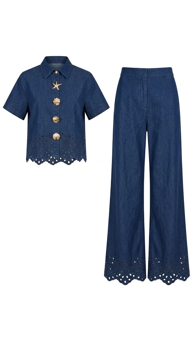 Conjunto Jeans pantalon y Blusa con detalles dorados
